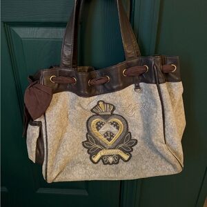 Juicy Couture Gray Tote with Brown Trim and Embroidered Crest